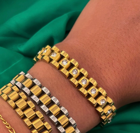 Thin Watch Band Bracelet - Gold w/ Diamonds