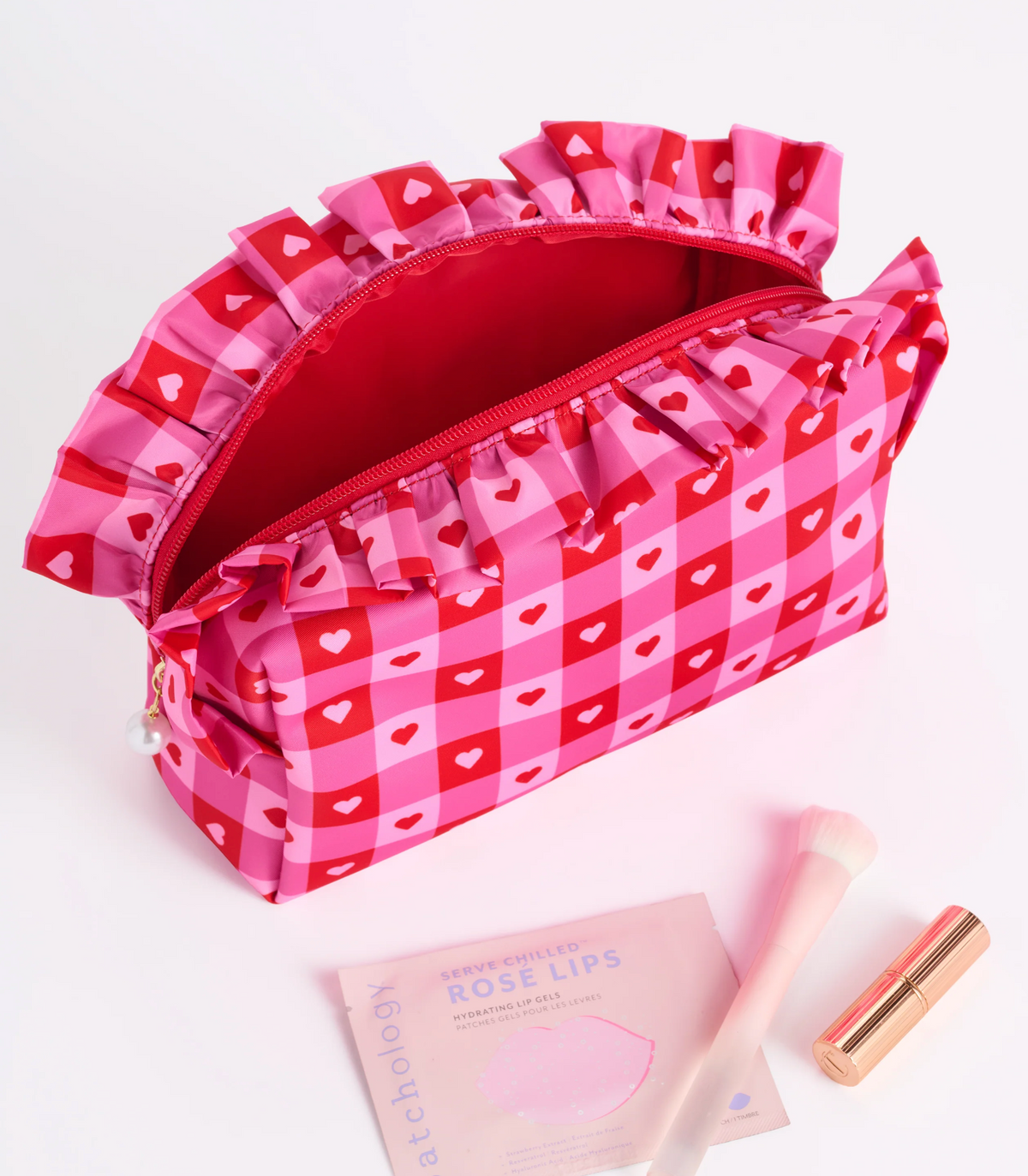 Check Heart Ruffle Zip Pouch